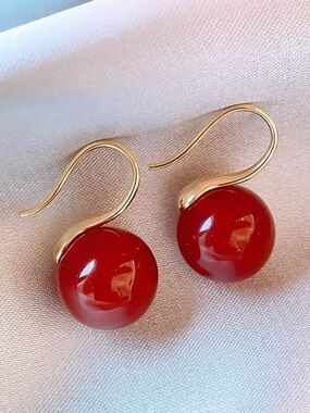 Red Bead Drop Earrings - Gold Hook